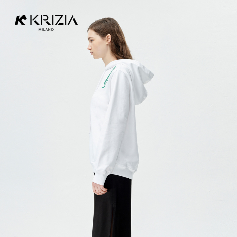 K KRIZIA 春季新品白色卫衣外套女棉料连帽圆领短款显瘦