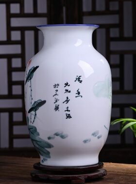 现代新中式纯手绘荷花陶瓷花瓶冬瓜瓶样板间家居饰品装饰瓷瓶摆件