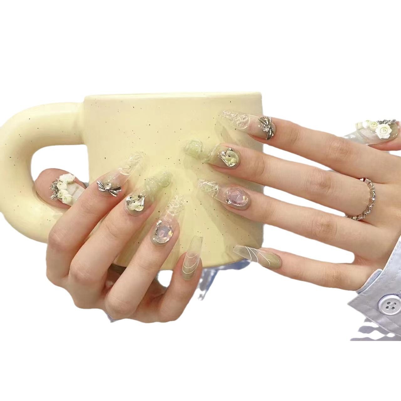 纯手工穿戴甲夏日青提美甲鸽子蛋堆钻轻奢高级感小众ins百搭精致,淘宝优惠券,粉丝福利购,淘宝优惠卷