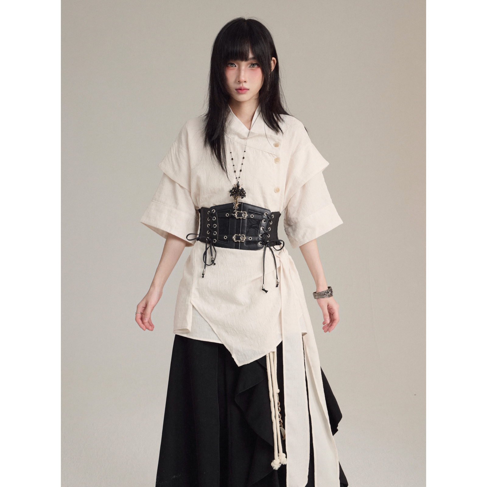 FG721 原创小众设计感短袖衬衫山本耀司新中式绑带衬衣假两件上衣 - 图0