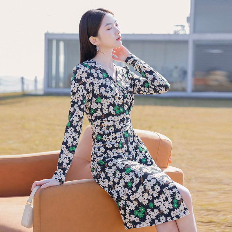 奕辰春季减龄连衣裙新款韩系气质中长款V领印花修身显瘦eahchanie