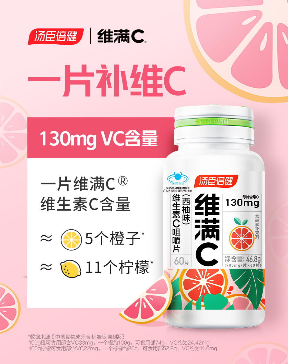 汤臣倍健维满C维生素C咀嚼片西柚味补充维C补VC14岁以上青年成人_汤臣倍健喜多专卖店_保健食品/膳食营养补充食品