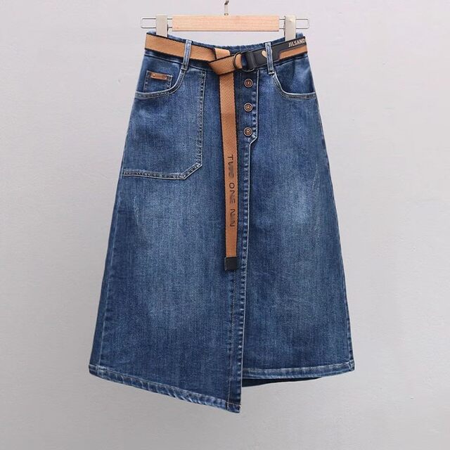 Retro blue denim skirt for women 2025 spring and autumn new high-waisted distressed mid-length slit one-step skirt