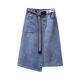 Retro blue denim skirt for women 2025 spring and autumn new high-waisted distressed mid-length slit one-step skirt