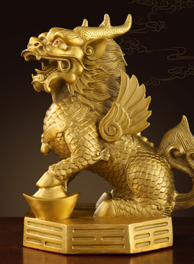 招财麒麟摆件办公室黄铜踩八卦
