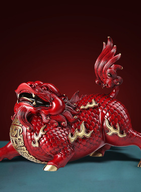客厅麒麟摆件全铜红色玄关工艺品