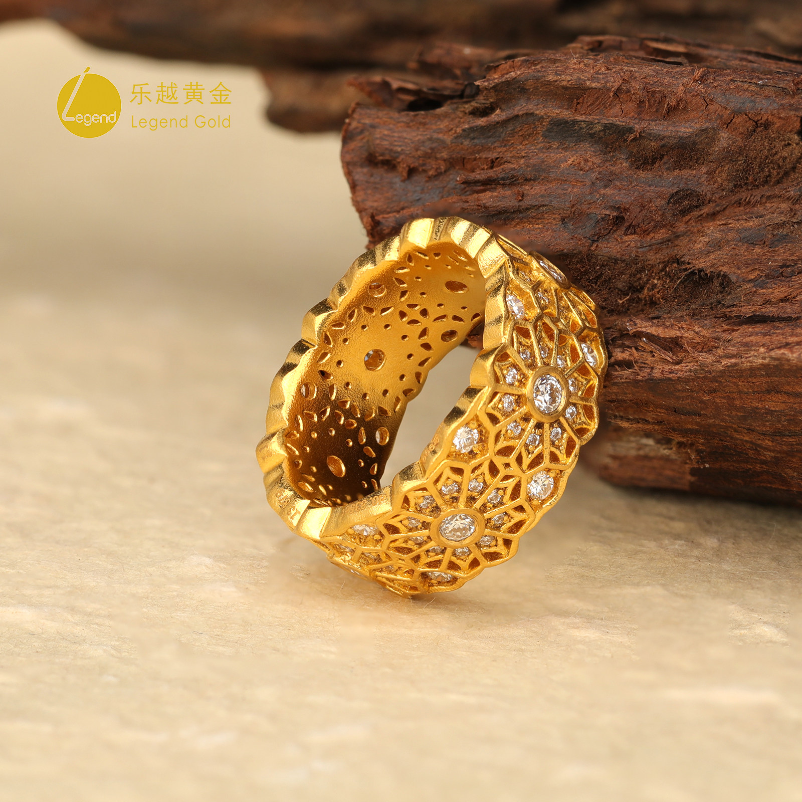 Leyue gold ancient method inlaid real diamond rose window ring pure gold 999 retro hollow niche diamond ring