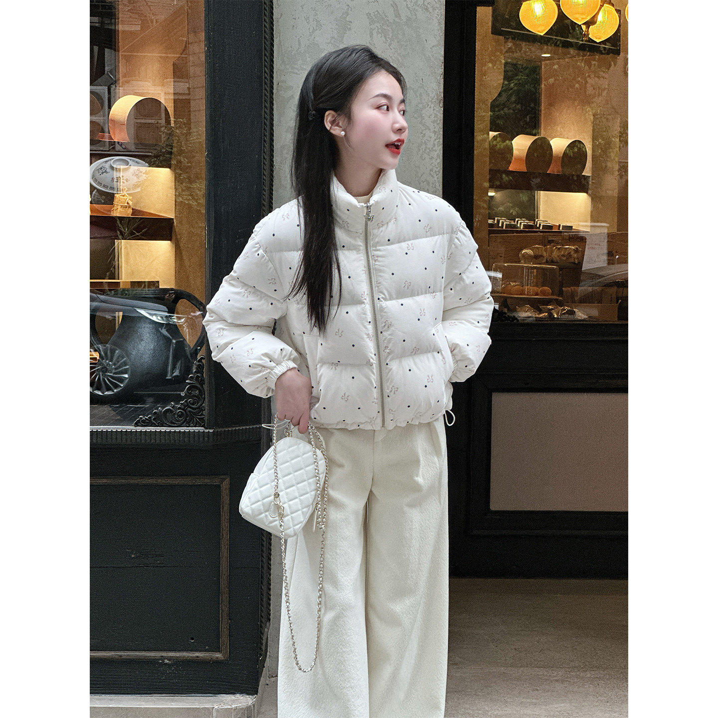 【漫花舒芙蕾】小娜椒小个子波点印花立领短款休闲羽绒服外套女,淘宝优惠券,粉丝福利购,淘宝优惠卷