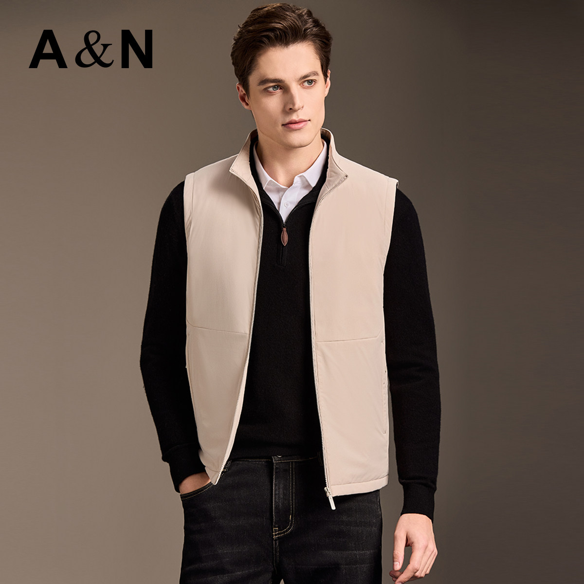 【桑蚕丝&鹅绒填充】AntonNeal男士高级立领羽绒马甲秋冬保暖外搭,淘宝优惠券,粉丝福利购,淘宝优惠卷