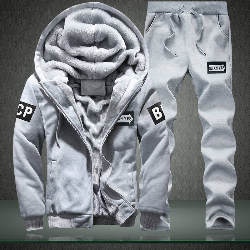 Plush thick hooded top casual sports suit加绒连帽上衣套装男 - 图3