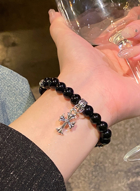 黑色猫眼石串珠手链女潮流酷飒