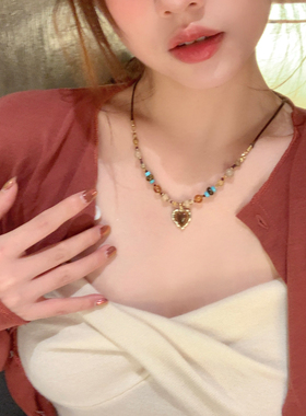 复古美拉德爱心虎眼石串珠项链女轻奢小众高级感毛衣链配饰颈链