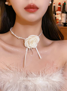 山茶花朵珍珠颈链choker项圈女颈带项链锁骨链绑带脖子系花配饰
