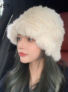 Viney帽子女2026新款冬季渔夫帽真兔毛保暖毛绒显脸小针织毛线帽