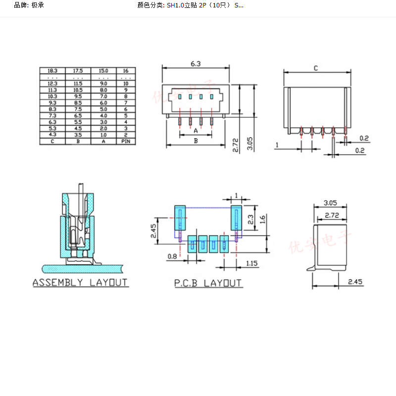 SH1.0MM立贴 2/3/4/5/6/7/8/9/10P连接器贴片插座耐高温编带-图0