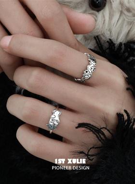 快乐小狗戒指纯银原创小众设计高级冷淡风开口戒不掉色