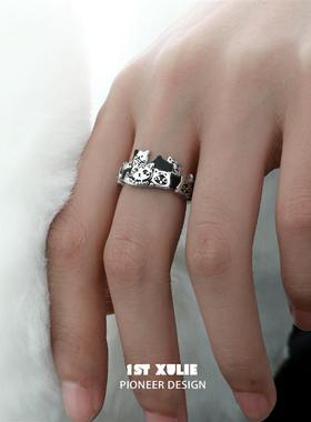 涂鸦小猫戒指纯银原创小众设计高级冷淡风开口戒不掉色