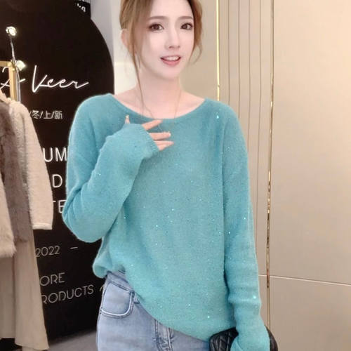 法式设计感慵懒风时尚亮片宽松针织衫小衫女春季新款别致绝美上衣 - 图3