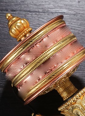 家居摆件藏式手摇转轮铜制亚青双层六字转金筒家用桌面装饰工艺品