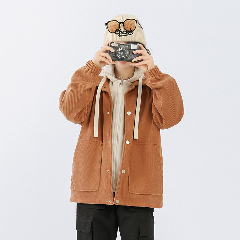 wassupdeion秋冬季灯芯绒假两件连帽外套男情侣款加绒保暖夹克衫 - 图1