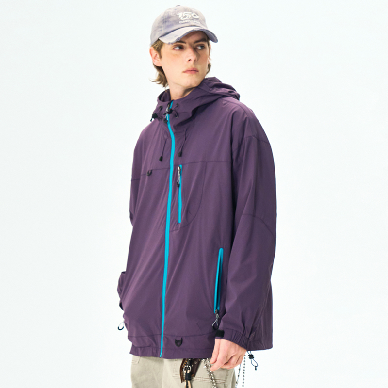 wassupdeion潮牌连帽冲锋衣外套男春秋季宽松新款橘红色工装夹克 - 图0