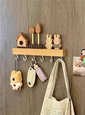 钥匙收纳玄关摆件壁挂式免打孔收纳架榉木挂钩中古风门口墙上装饰