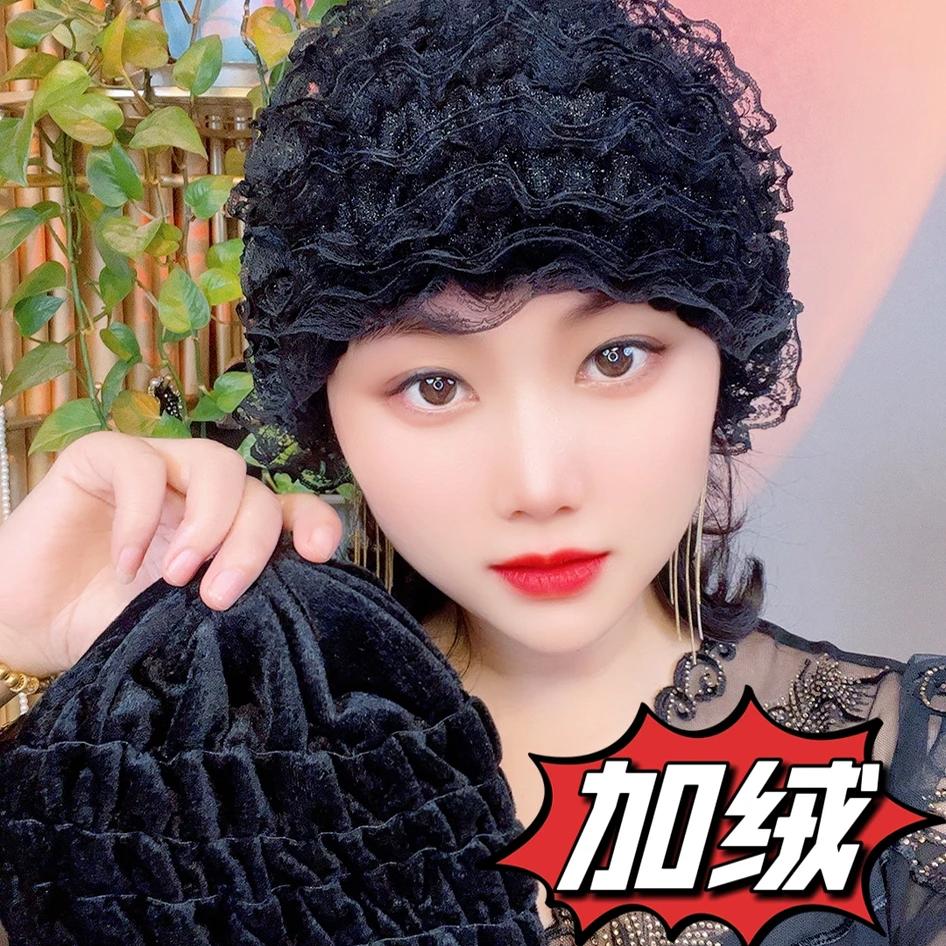 娜娜家加绒帽子女款冬季遮盖白发中老年人帽蕾丝网纱假发帽包头帽