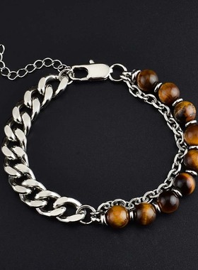 不锈钢切面黑玛瑙手链男士饰品