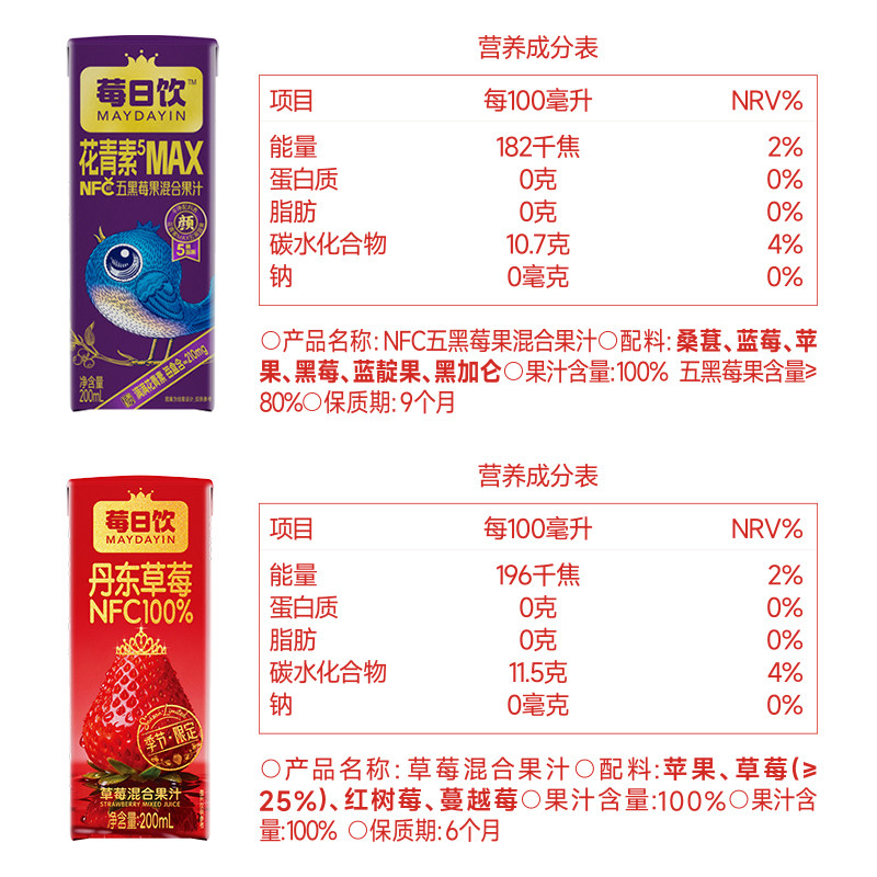 莓日饮NFC100%丹东草莓汁6盒+五黑莓果汁6盒混合果汁饮料200ml