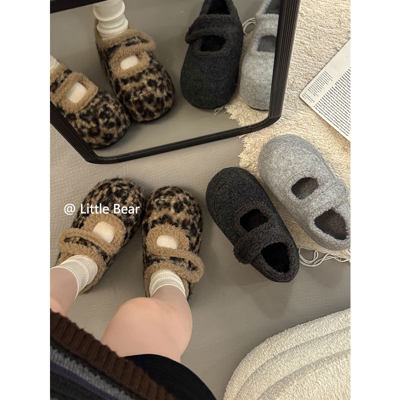 小熊出走内增高加绒玛丽珍毛毛鞋女冬季厚底百搭保暖毛呢勃肯棉鞋 - 图1