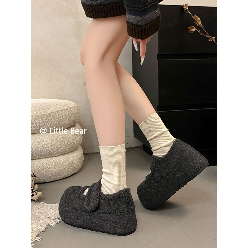 小熊出走内增高加绒玛丽珍毛毛鞋女冬季厚底百搭保暖毛呢勃肯棉鞋 - 图2