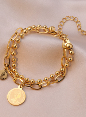 手链 韩版圆牌美人头ins小众设计冷淡风简约气质时尚不锈钢手镯女