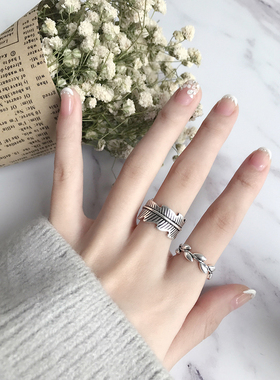 纯银日韩潮人学生个性戒指创意开口复古泰银清新树叶指环男女