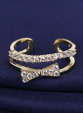 2021简约气质戒指女蝴蝶结锆石食指戒韩版时尚个性开口可调节指环