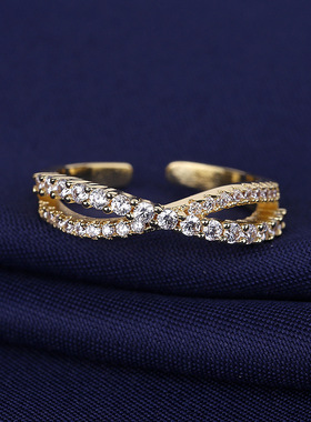 高级感交叉开口可调节食指戒指女日系轻奢小众设计感精致锆石指环