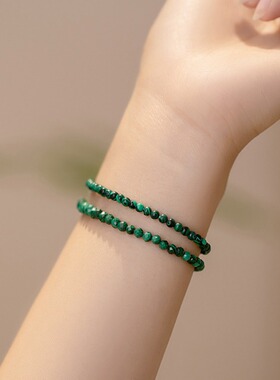 3mm孔雀石原石天然绿孔雀石手链女细款单圈小水晶手链宝石手串