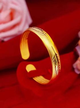 抖音网红复古羽毛心经手镯越南沙金复古工艺树叶开口一夜暴富手环