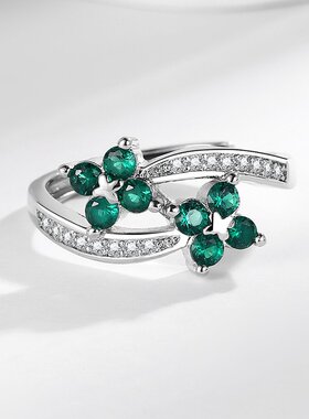 跨境新款东南亚流行欧美风格热销四叶草锆石开口戒指饰品指环