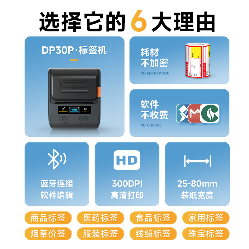 【高清300dpi】德佟DP30P大尺寸多功能标签打印机便携服装食品生产日期蛋糕超市哑银不干胶贴纸打价格标签机 - 图1