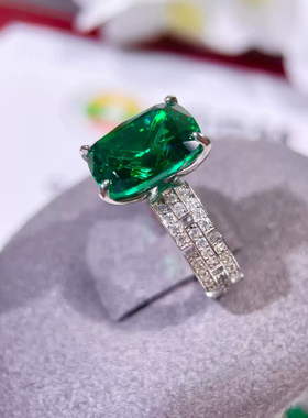 8克拉祖母绿培育戒指精镶高级感S925纯银指环晚宴气质宝石 高级感