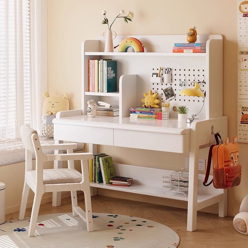 实木儿童学习桌家用带洞洞板书桌书架一体卧室学生写字桌子电脑桌 - 图3