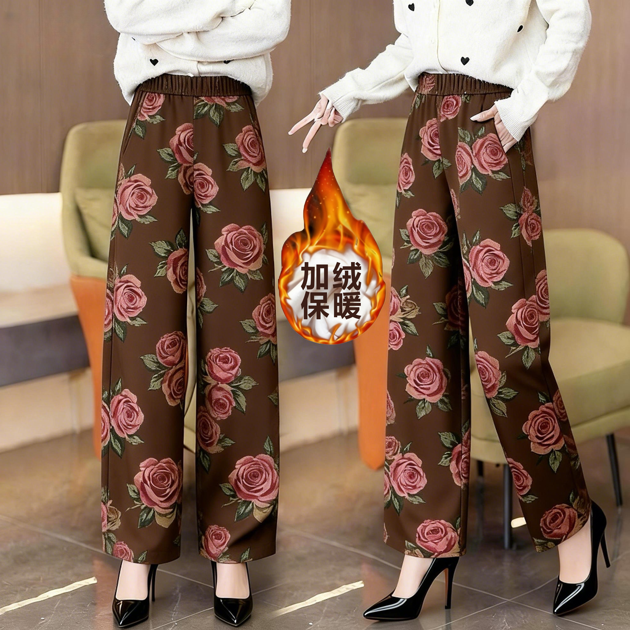 显瘦外穿阔腿裤长裤冬条纹气质时尚休闲裤高腰宽松直筒裤女保健环,淘宝优惠券,粉丝福利购,淘宝优惠卷