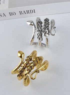 蛇头麦穗造型宽版手镯2023秋冬新款复古做旧黄铜开口可调节手环