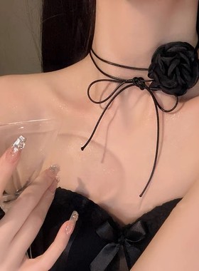 夏白月光山茶花项链女choker绑带颈链玫瑰花朵锁骨链饰品自由打结