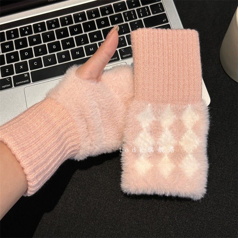 ins韩系加绒简约加绒毛绒半截半指手套新款保暖秋冬款手袜可触屏,淘宝优惠券,粉丝福利购,淘宝优惠卷