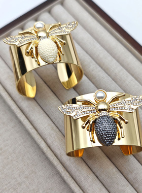 新款法式夸张蜜蜂镶钻珍珠手镯