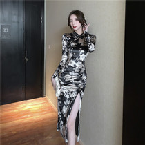 2022 Fall name Hime Printed slim improved style Long sleeves Velvet Qipao Dress dress