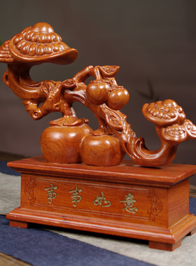 花梨木雕灵芝事事如意柿子摆件