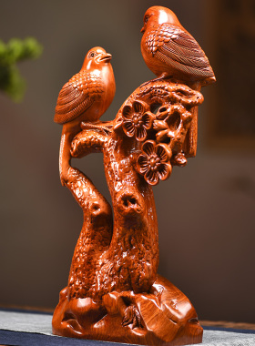 花梨木雕双喜临门客厅装饰摆件