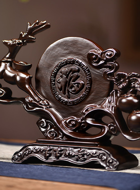 实木木雕事事如意柿子摆件办公室客厅装饰品黑檀木鹿乔迁开业礼品